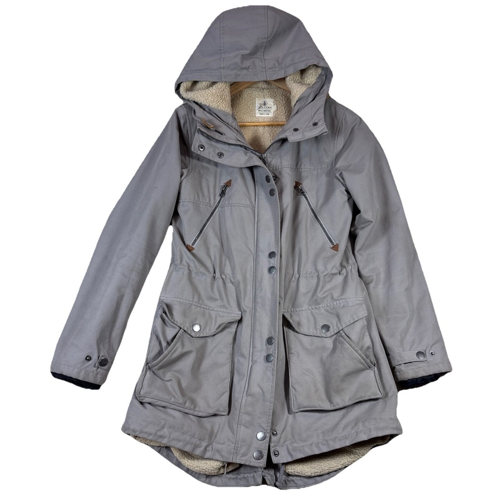 Volcom Women's Sz Small Gray Sherpa Lined Water‑Resistant Parka Jacket‎